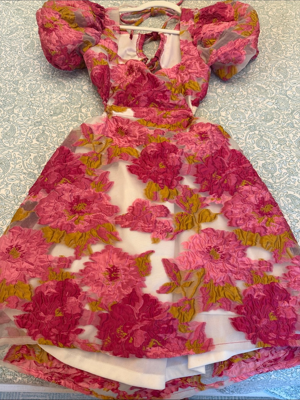 Hello Molly Pink Floral Jacquard Fabric Formal Dress US 6 M Puff Sleeves MINI - Picture 3 of 13